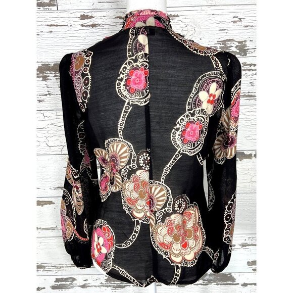 TRINA TURK Semi Sheer Silk Blend Mesh Button Up Blouse Black Floral Sz 4 EUC - Picture 3 of 5